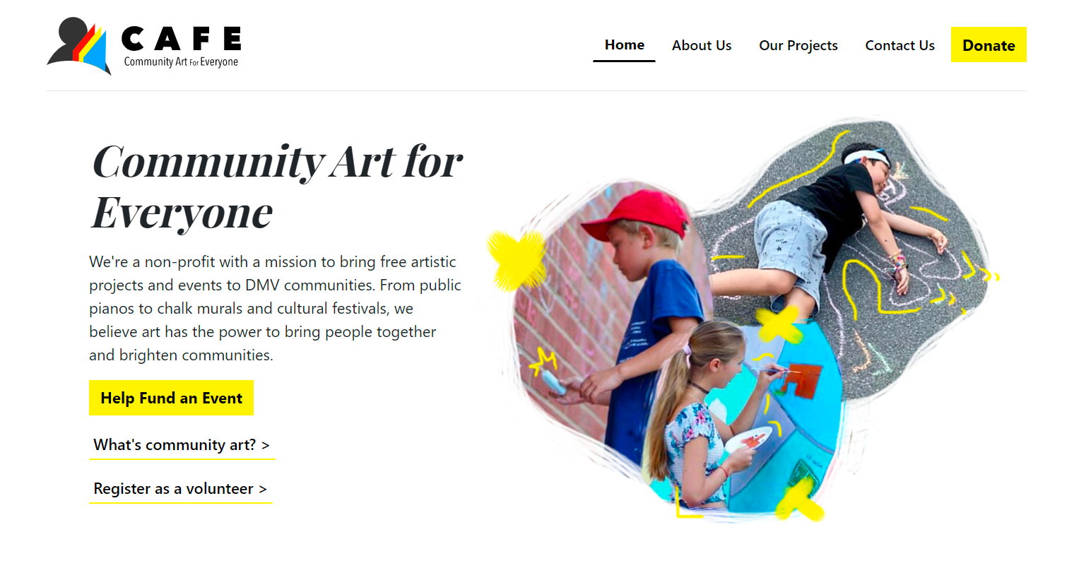A clean white website with pictures of children at a chalk art event.