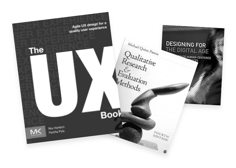 Some of my favorite books including the UX Book, Qualitative Research Methods, and Designing for the Digital Age.