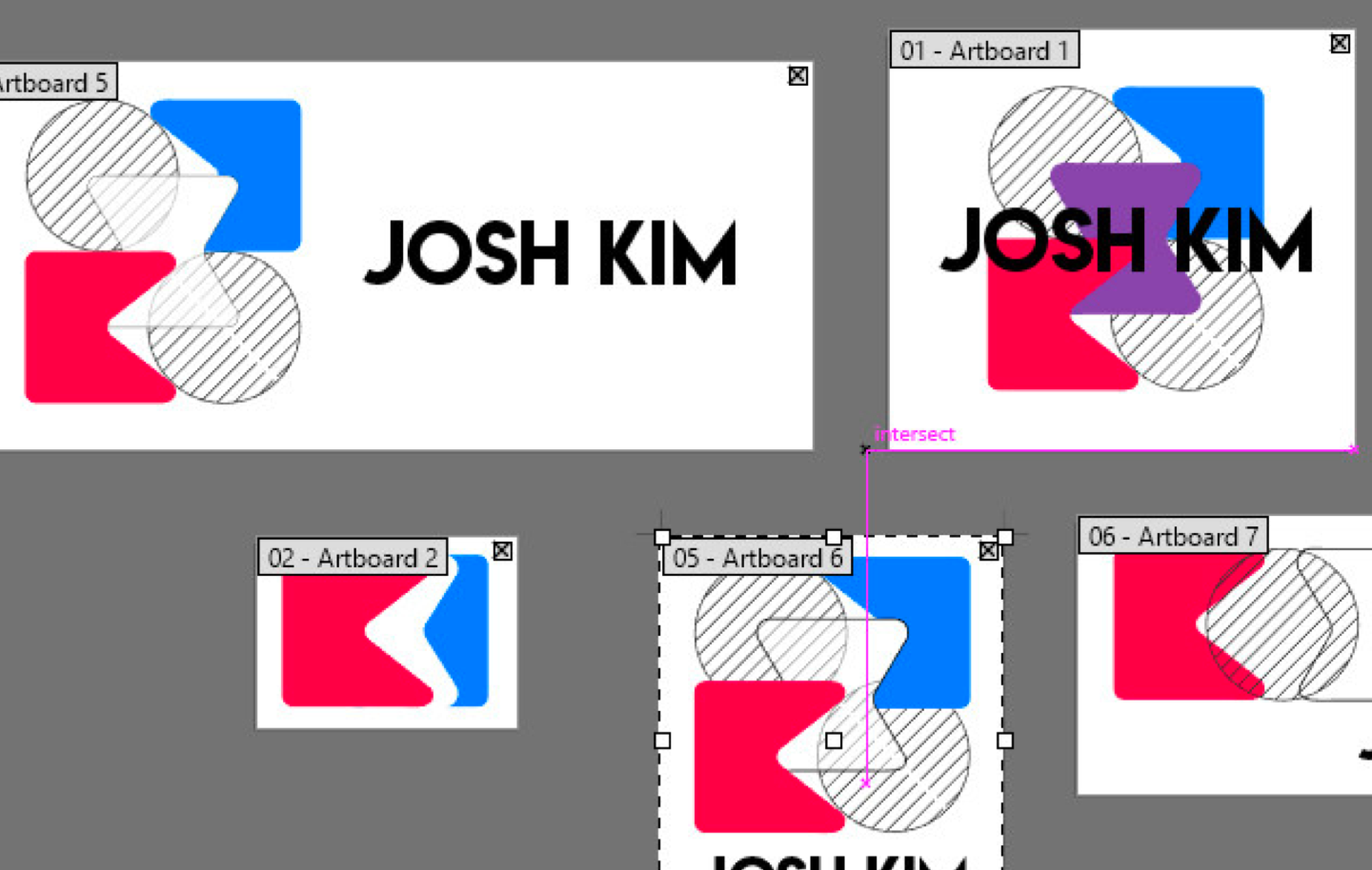 An illustrator artboard of various versions of my logo. It featured three blocky squares shaped to read out KIM along with two wireframe circles to mimic my Korean first name Young.