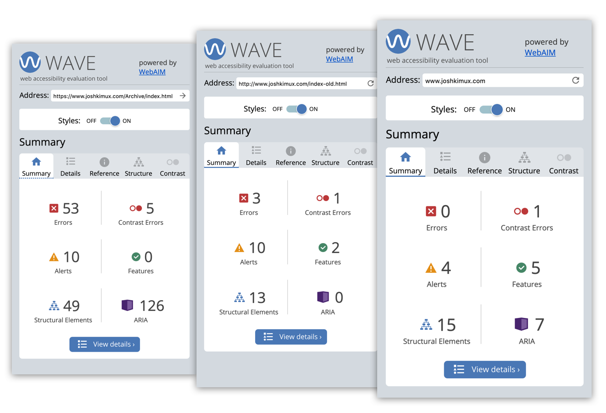 Three screenshots of wave reports from my portfolio before updates and after.