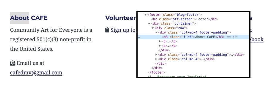 I highlighted the code of the footer's h3 About CAFE which shows a class of f-h5.