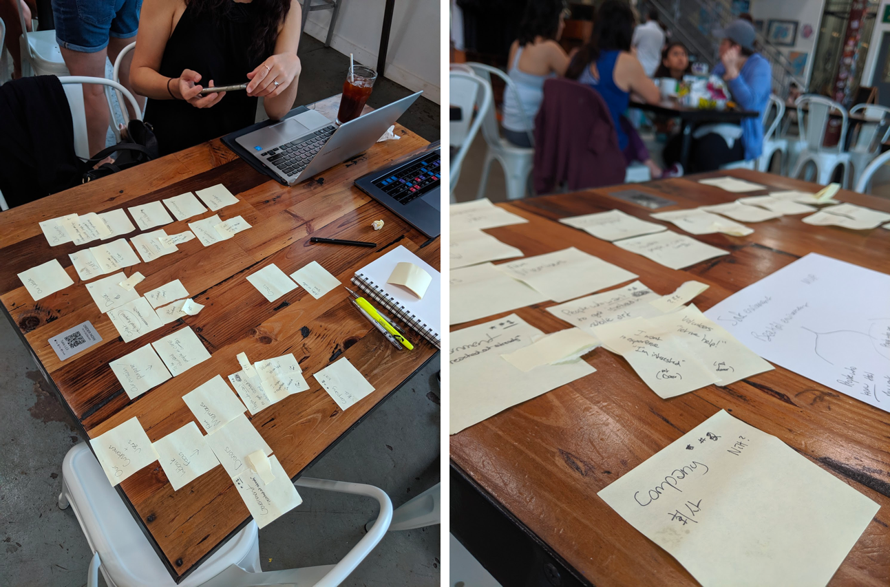 An oak table in a cafe layered with sticky notes.