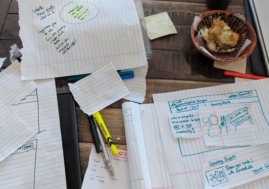 Several sheets of loose leaf paper strewn across a table. A torn sheet has a website drawn on it with a marker.