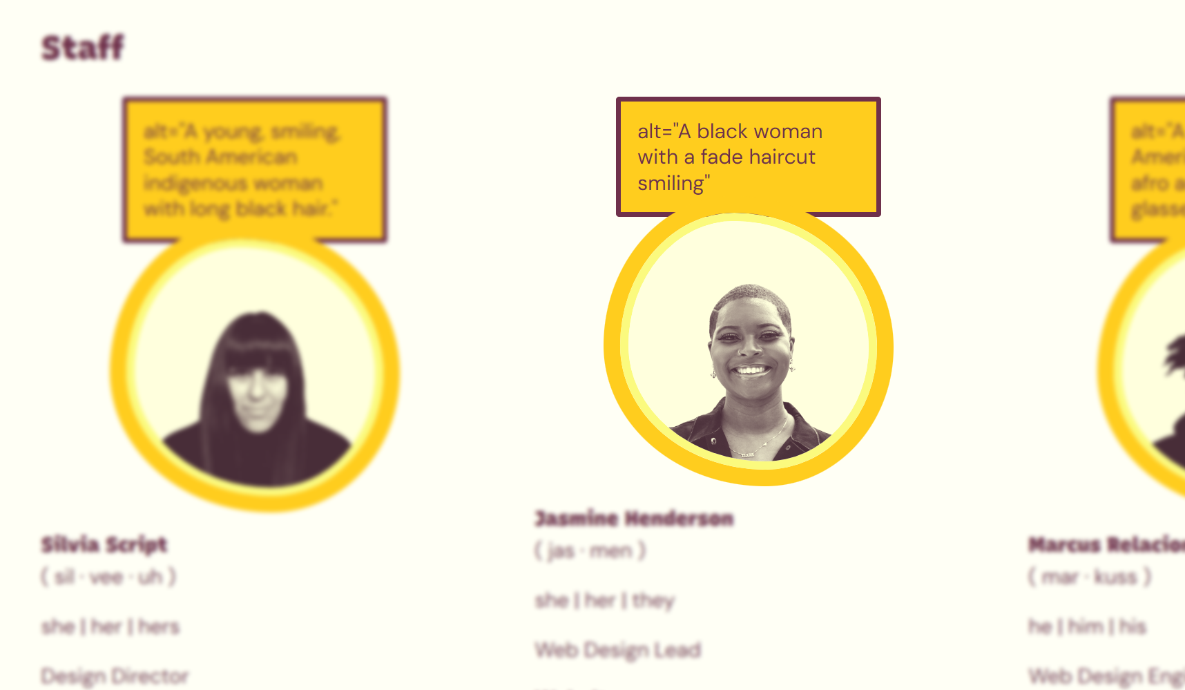 Three staff of color on the 2022 website have alt text describing their race.