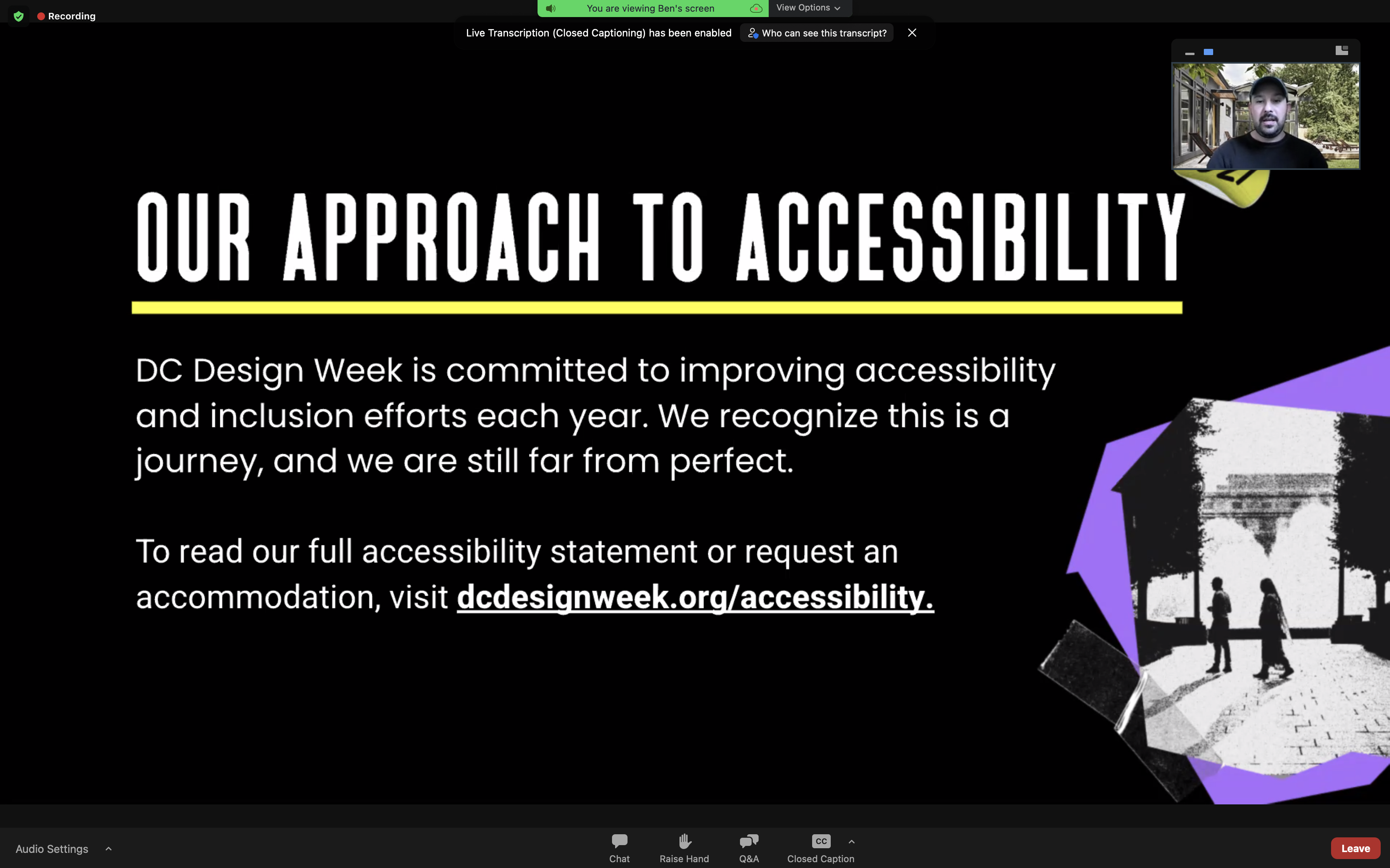 A presenter commenting on a slide detailing how to request for accommodations and learn more about accessibility at DCDW.