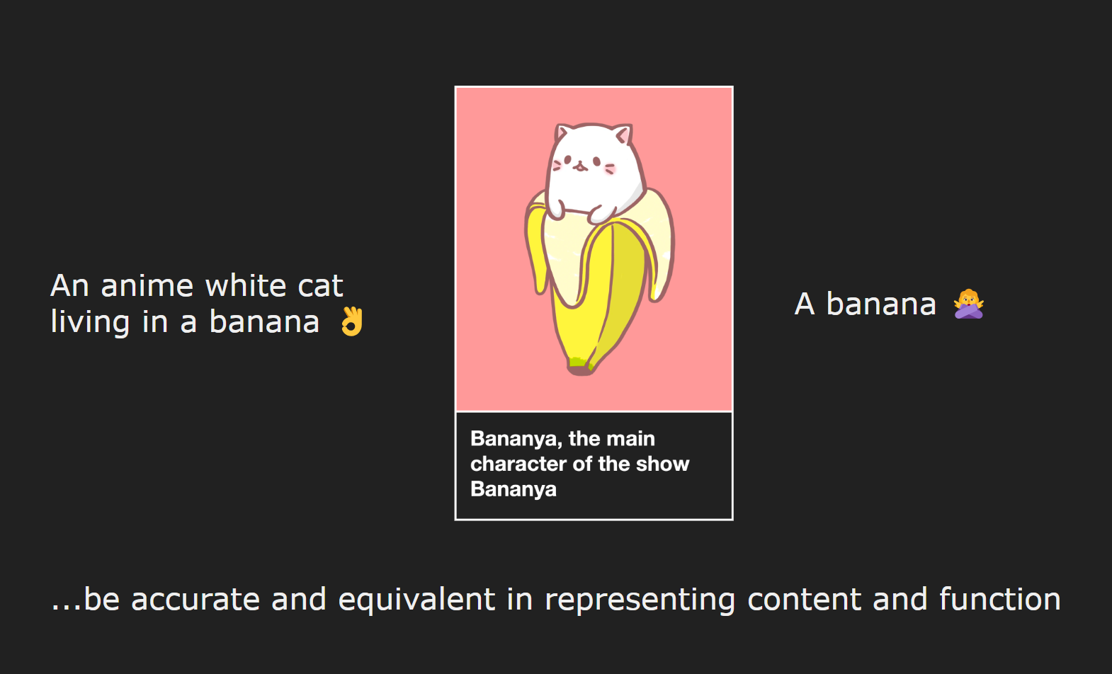 A slide from our alt text workshop coaching volunteers not to write super long alt text for a bananya