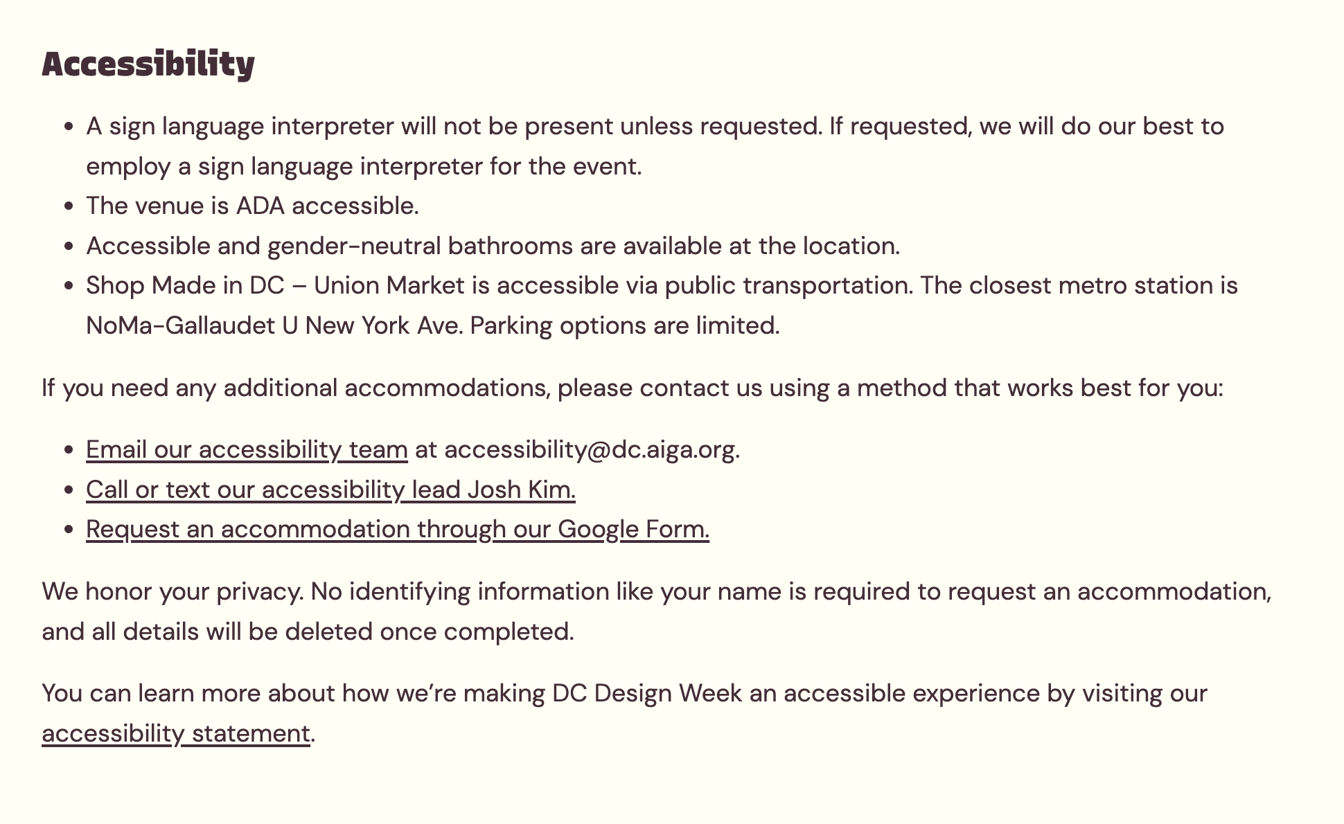 A local accessibility statement noting ADA compliance, gender neutral bathrooms, and how to request accommodations.