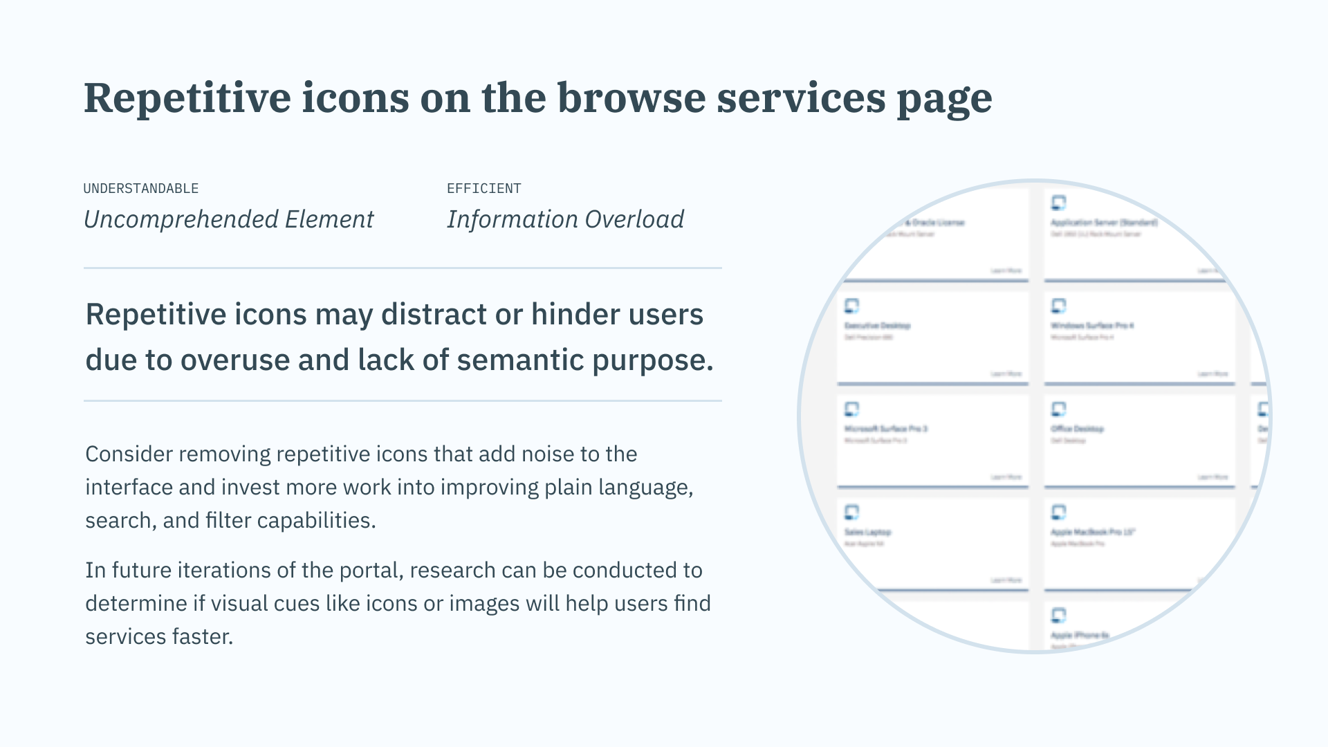 A powerpoint slide identifying an issue with repetitive icons.