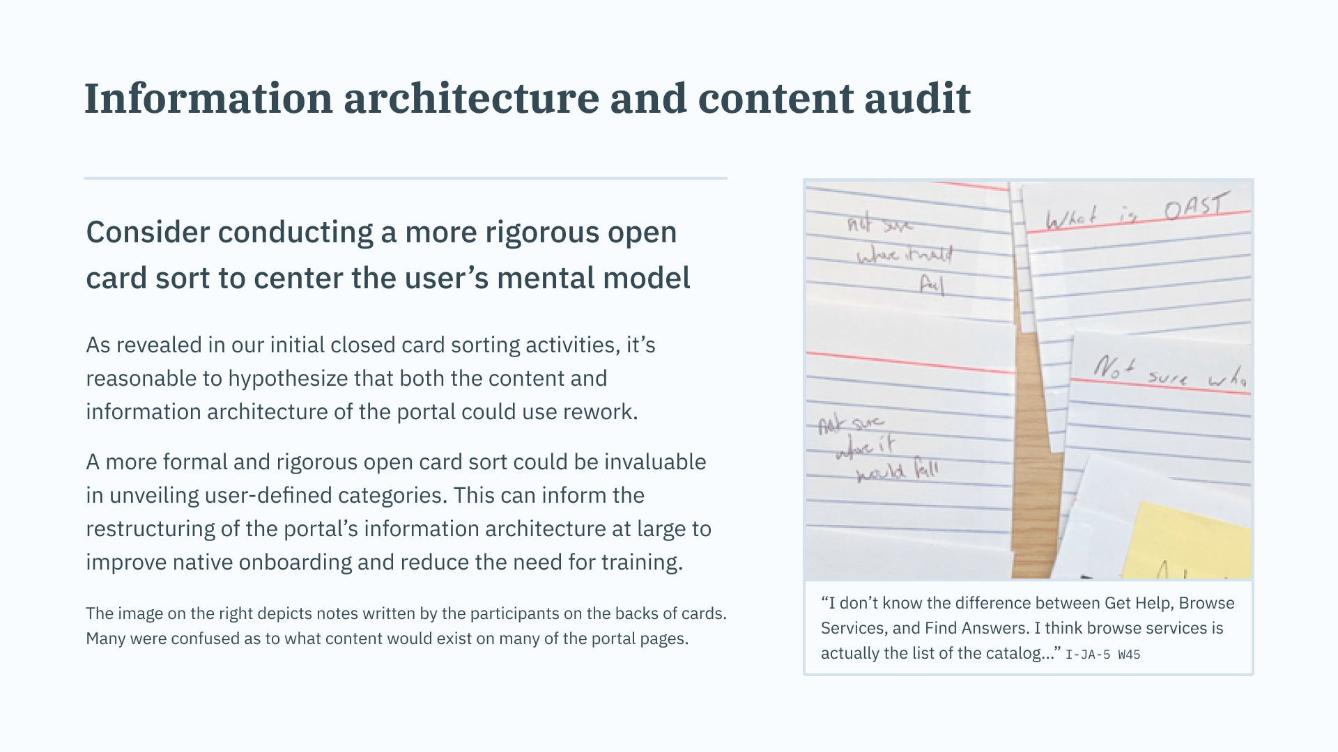 Two pages from my research report: Additional research needs and IA & Content Audit.