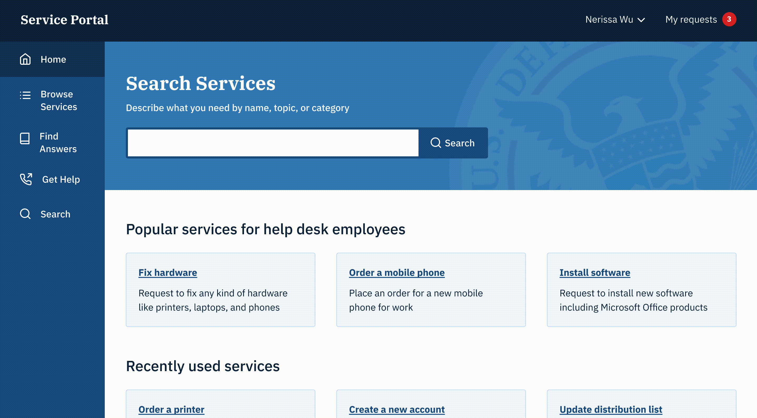 A service portal featuring tab navigation with a search bar, a section for popular services, and a section for recently used services.