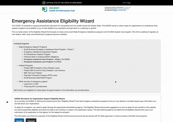 Scrolling down a seemingly endless list of yes and no questions that are mostly disabled on New Jersey's Emergency Assistance Eligibility Wizard website.