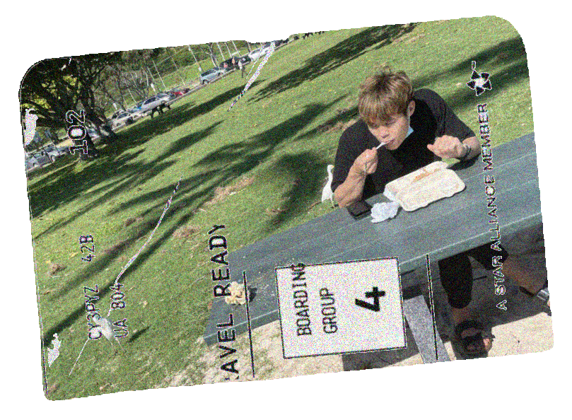 Eating on a picnic bench in a Hawaiian public park with chicken strolling nearby.