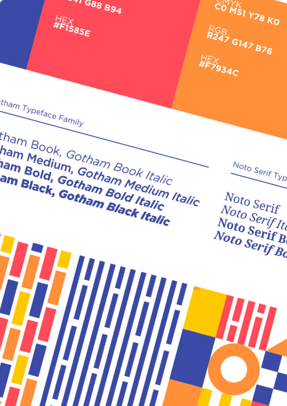 CAFE's branding guide features purples, reds, and oranges with a brick motif.