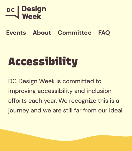 An accessibility page on a mobile screen. DC Design Week is committed to improving accessibility and inclusion efforts each year.
