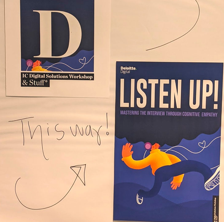 An illustrated poster of a walking cartoon with headphones titled LISTEN UP