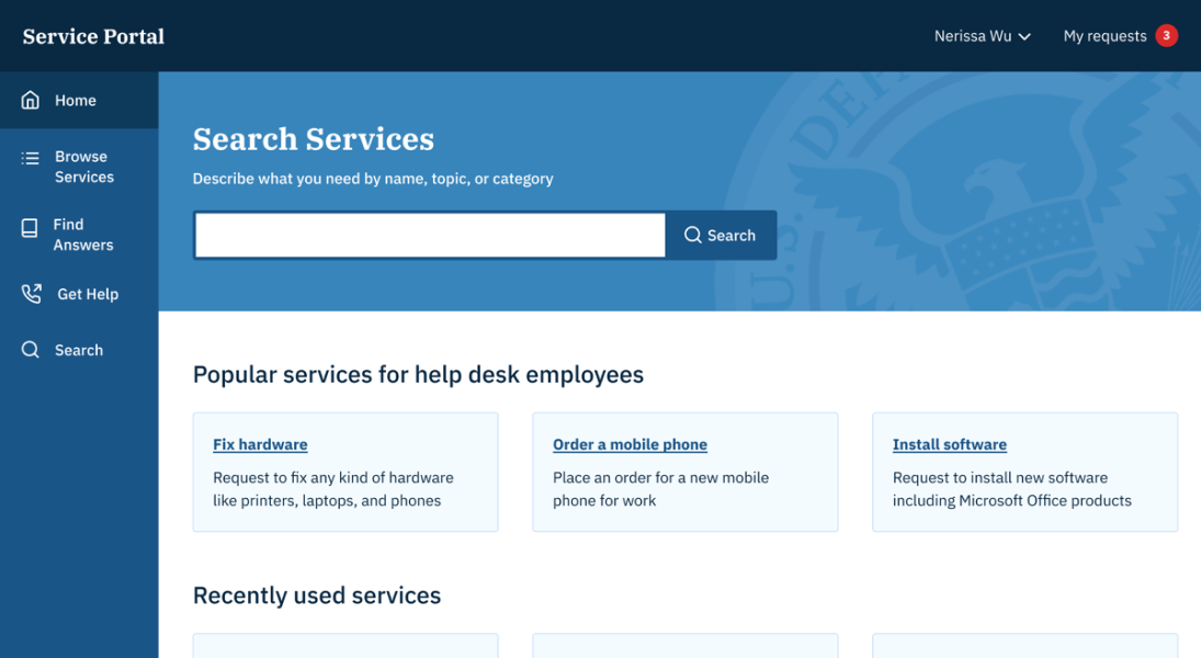 A service portal with a large search bar, and two main sections providing quick access to services.
