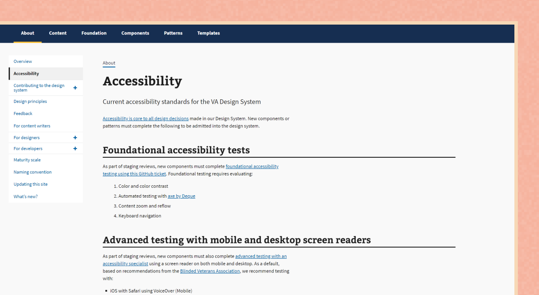 An accessibility page documenting requirements for the VA.gov design system.