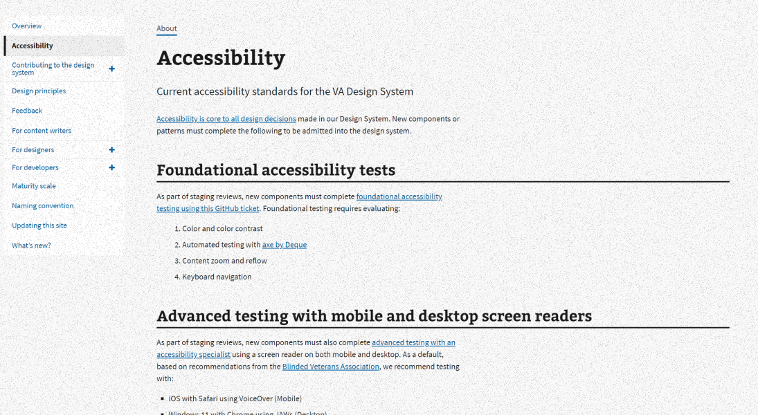 An accessibility page documenting requirements for the VA.gov design system.