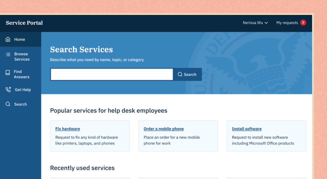 A service portal with a large search bar, and two main sections providing quick access to services.