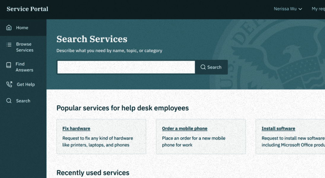 A service portal with a large search bar, and two main sections providing quick access to services.