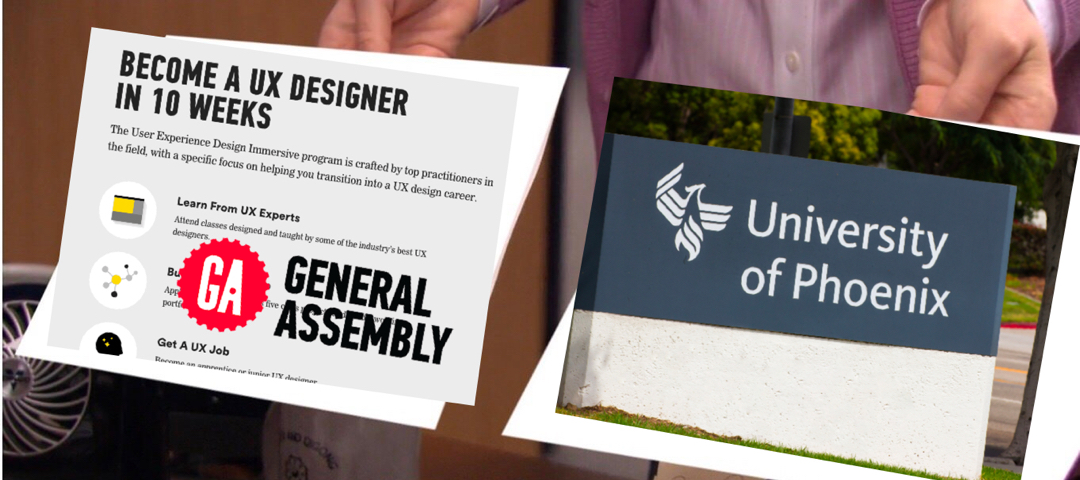 Corporate needs you to find the differences between a 10 week bootcamp and the University of Phoenix. They're the same picture.