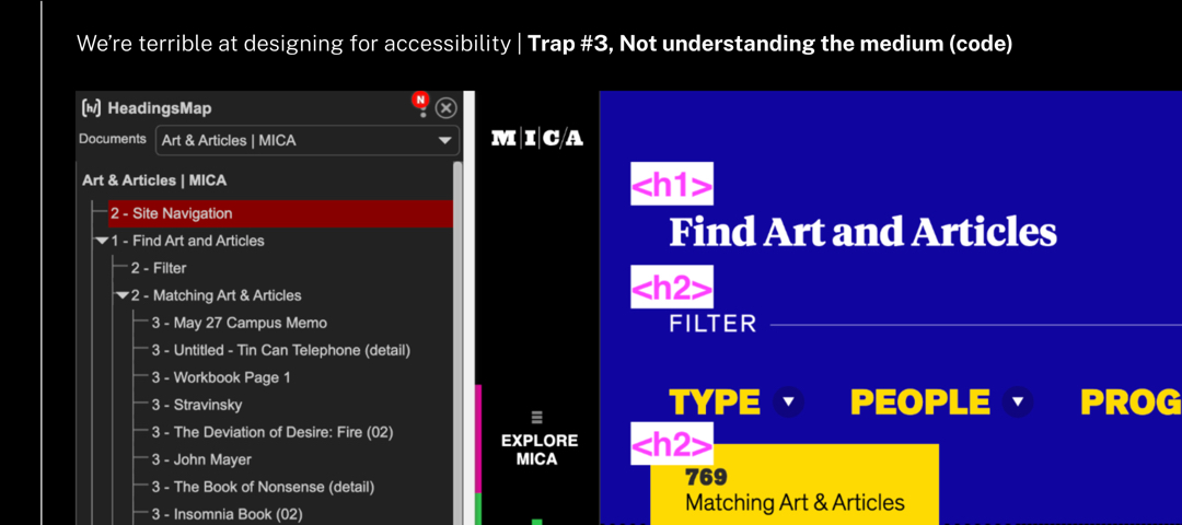 Pink annotations of heading levels on Mica's website and the headings map tool.