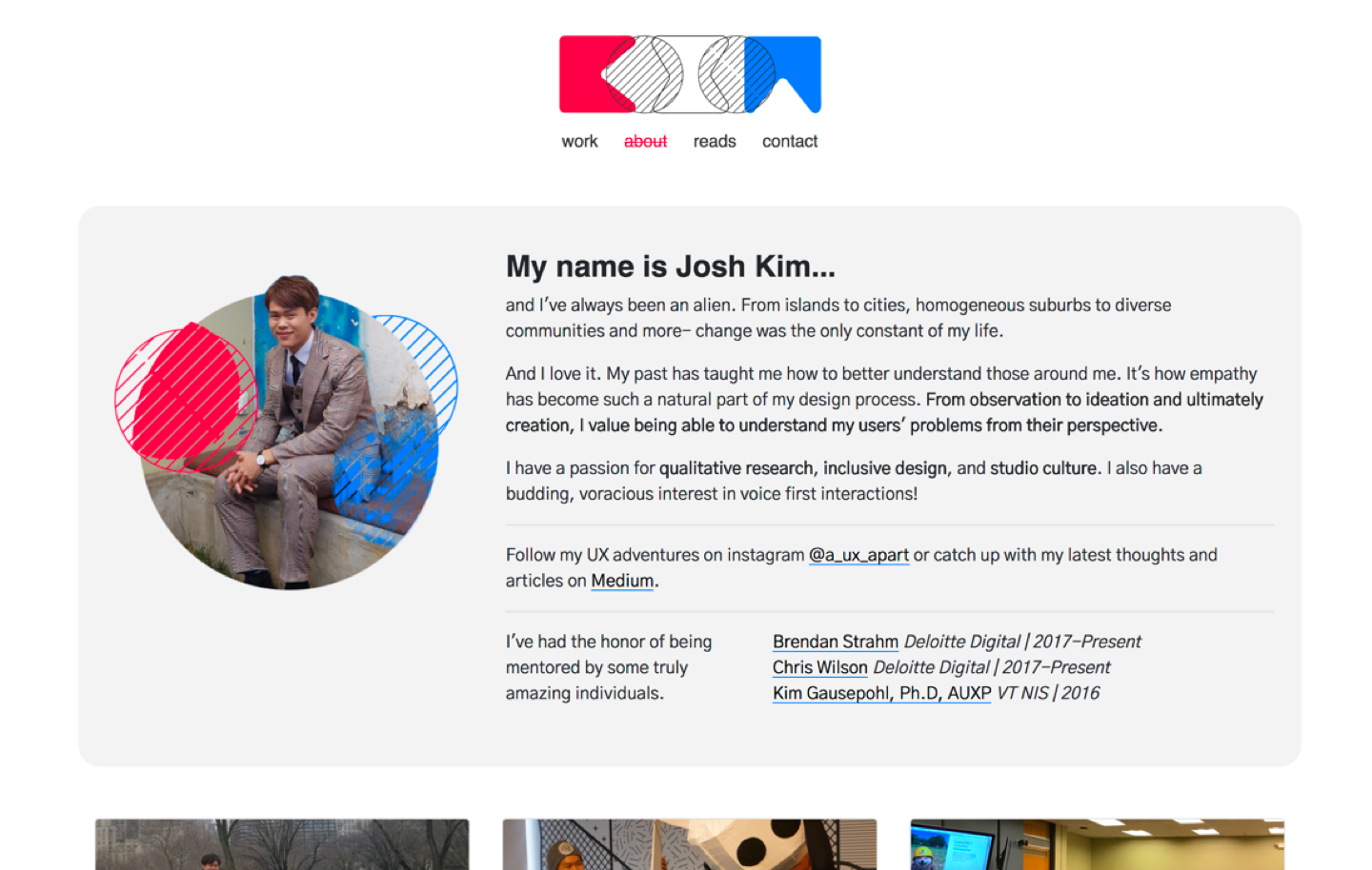 The 2018 homepage of Josh Kim UX was set on a grey card above a white background. It was titled My name is Josh Kim with a cheesy graphic of myself sitting in a suit. I cringe every time.