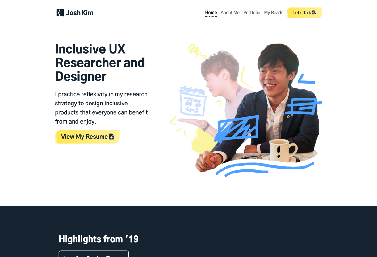 The 2019 homepage of Josh Kim UX was set on a white background. It was titled Inclusive UX Researcher and Designer with a yellow call to action and my ugly face on the right.