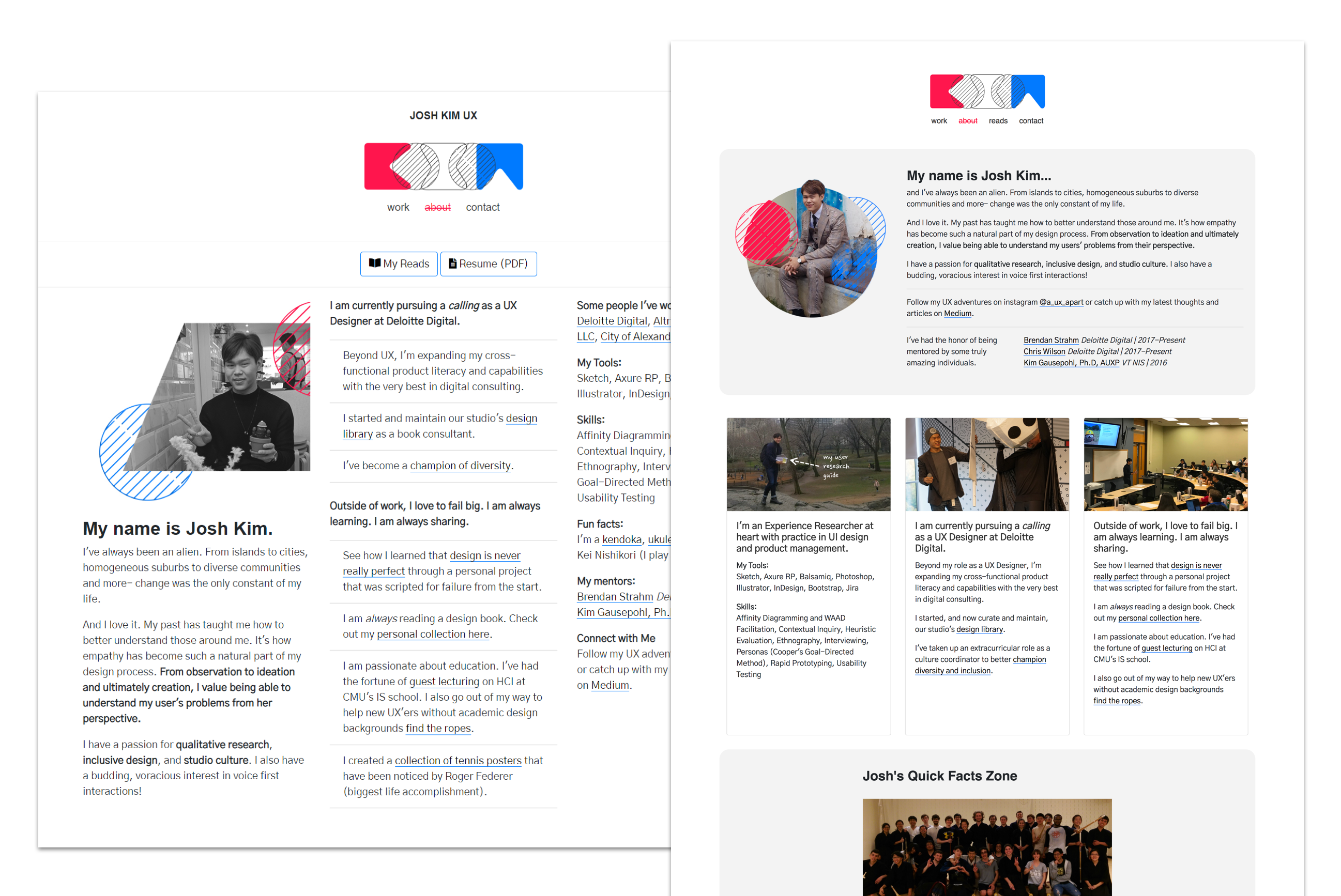 Two versions of my about page. One features three long columns of text, the newer version features three cards.