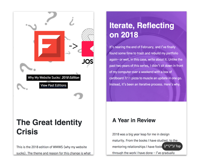 Two versions of this article. The older version featured a small blurb in the header along with a large banner image of my logo at the top that took up half the page. The second version featured a background image of a spiral staircase overlayed by a purple gradient with the title Iterate along with a summary on top.