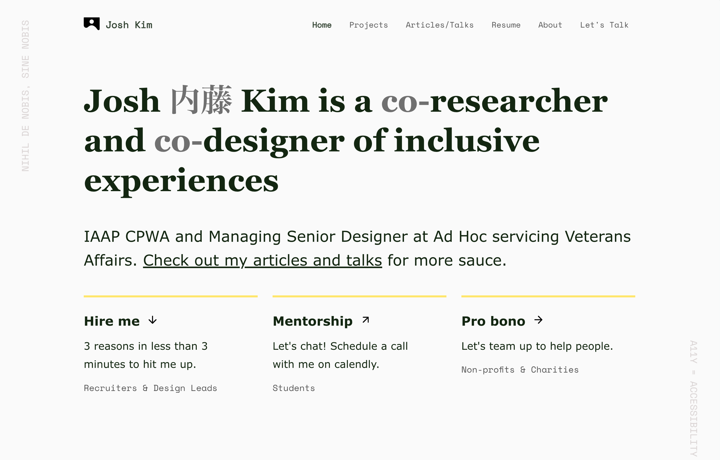 The 2019 homepage of Josh Kim UX was set on a white background. It was titled Inclusive UX Researcher and Designer with a yellow call to action and my ugly face on the right.